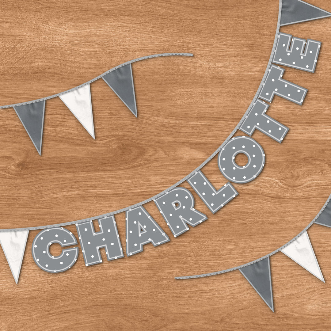 Personalised 9 Letter Name Bunting in Grey Polka Dot