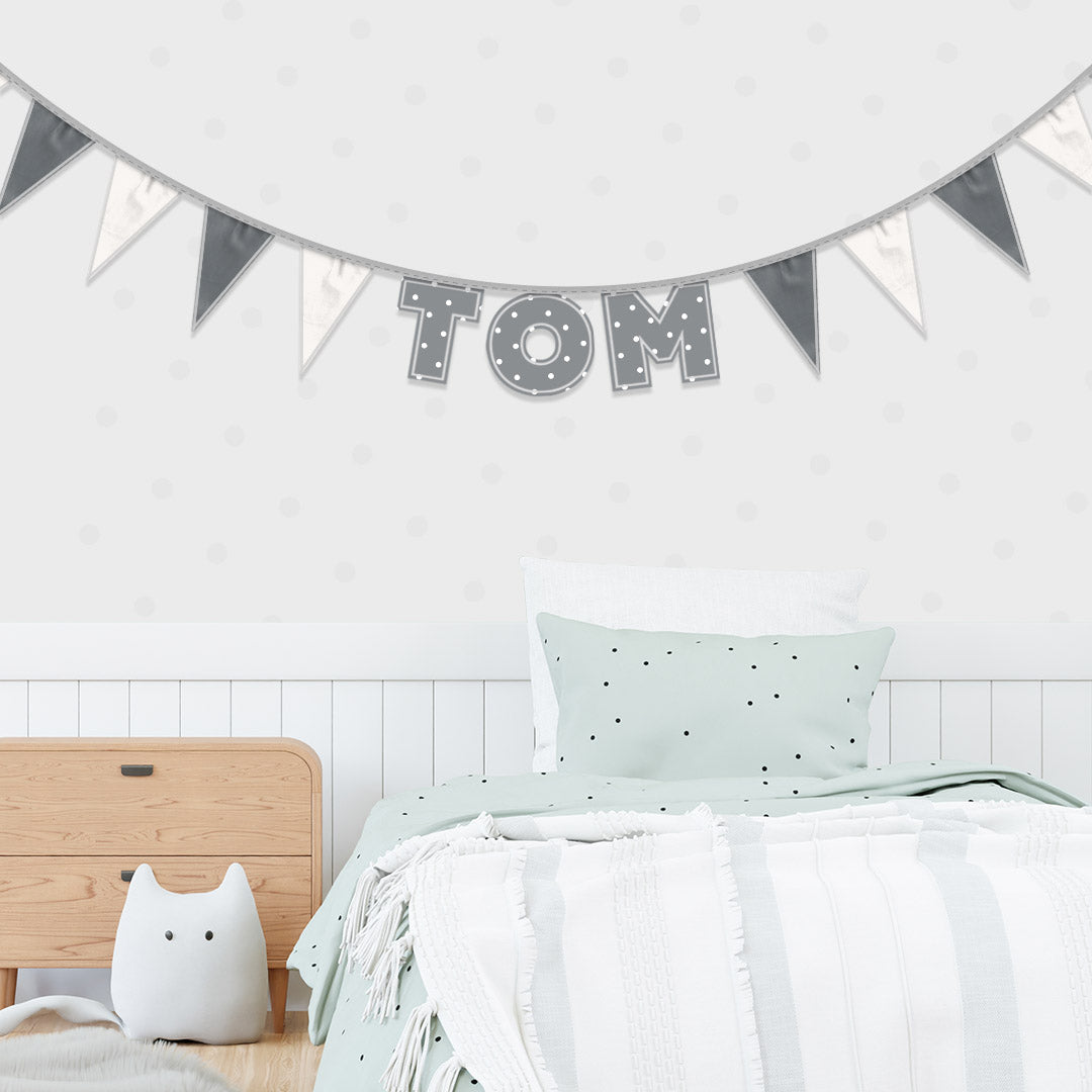 Personalised 3 Letter Name Bunting in Grey Polka Dot