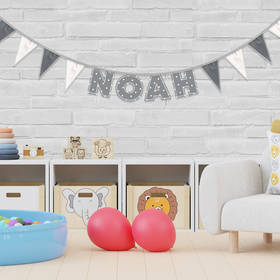 Personalised 4 Letter Name Bunting in Grey Polka Dot