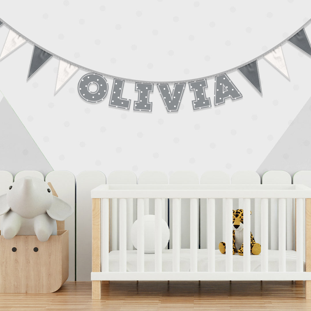 Personalised 6 Letter Name Bunting in Grey Polka Dot