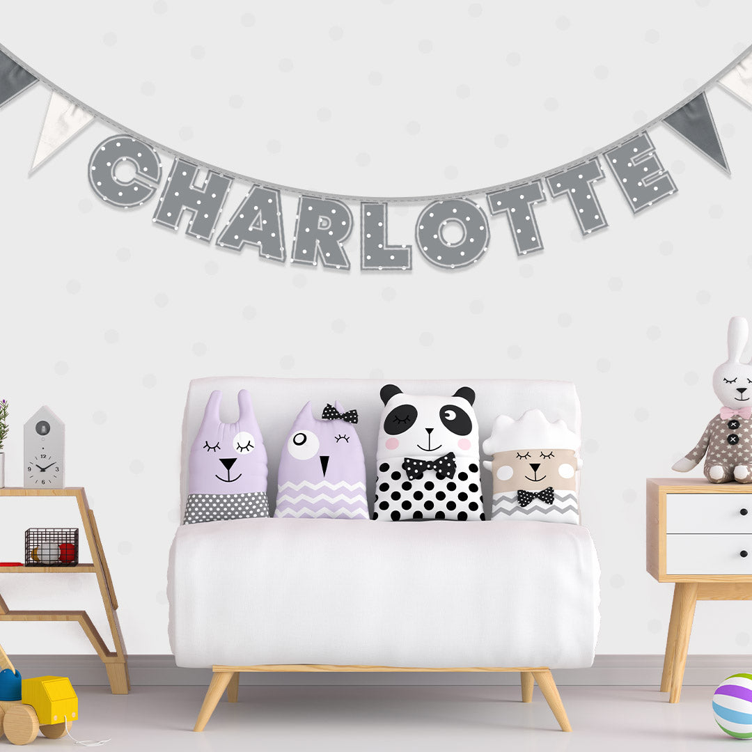 Personalised 9 Letter Name Bunting in Grey Polka Dot