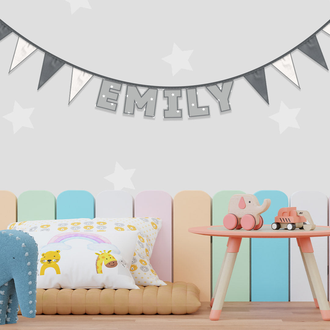 Personalised 5 Letter Name Bunting in Grey Stars
