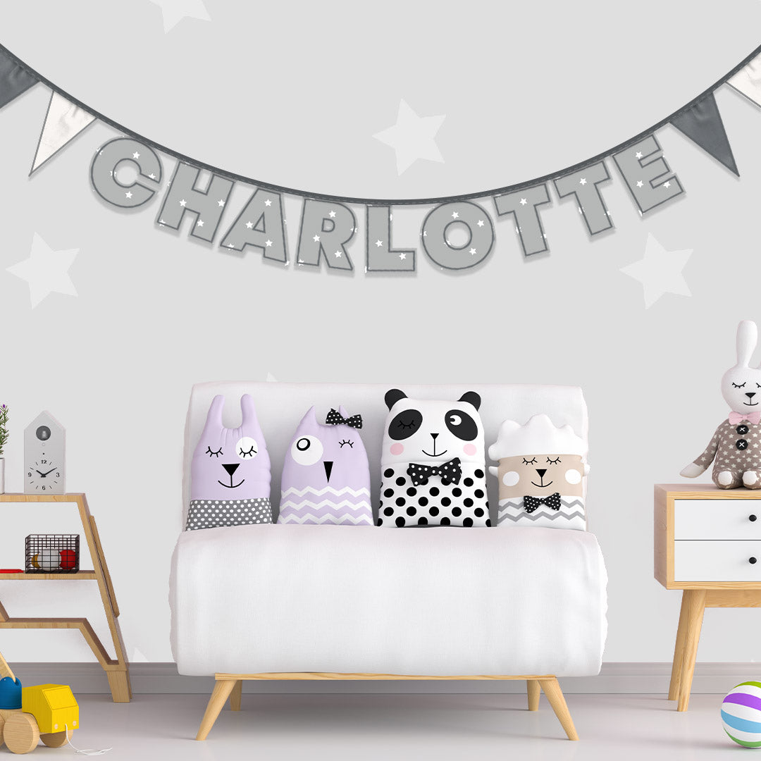 Personalised 9 Letter Name Bunting in Grey Stars