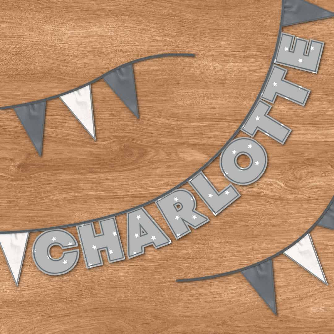 Personalised 9 Letter Name Bunting in Grey Stars