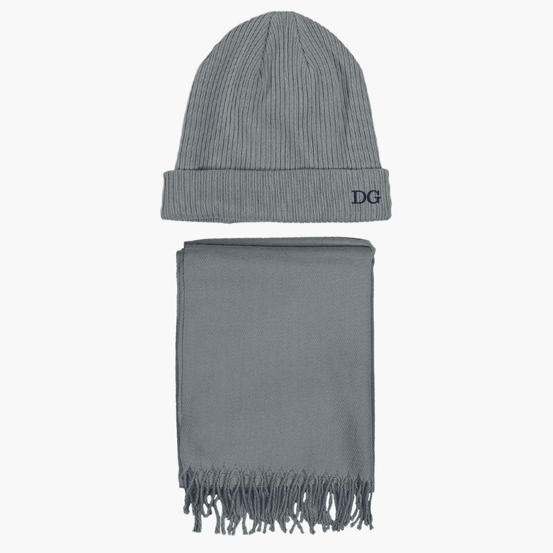 Personalised Embroidered Beanie Hat and Matching Scarf in Light Grey