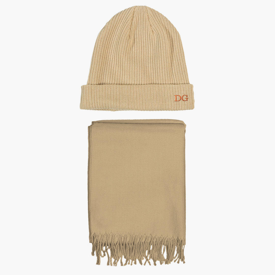 Personalised Embroidered Beanie Hat and Matching Scarf in Sand