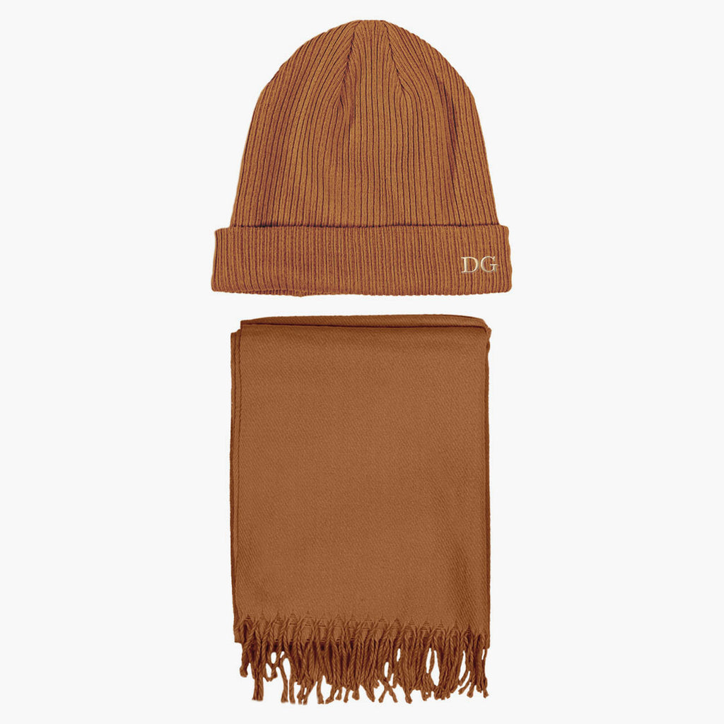 Personalised Embroidered Beanie Hat Matching Scarf Biscuit