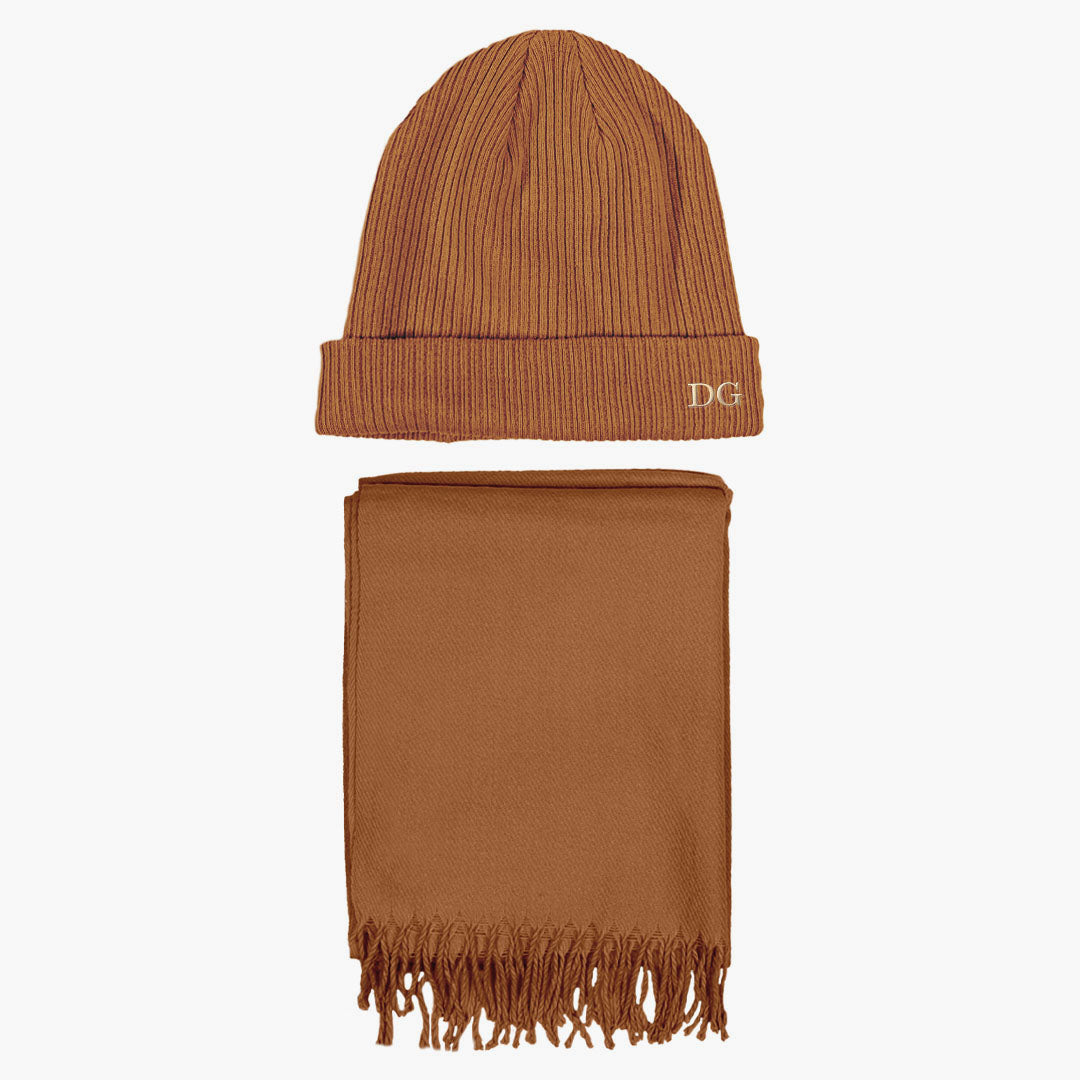 Personalised Embroidered Beanie Hat and Matching Scarf in Biscuit