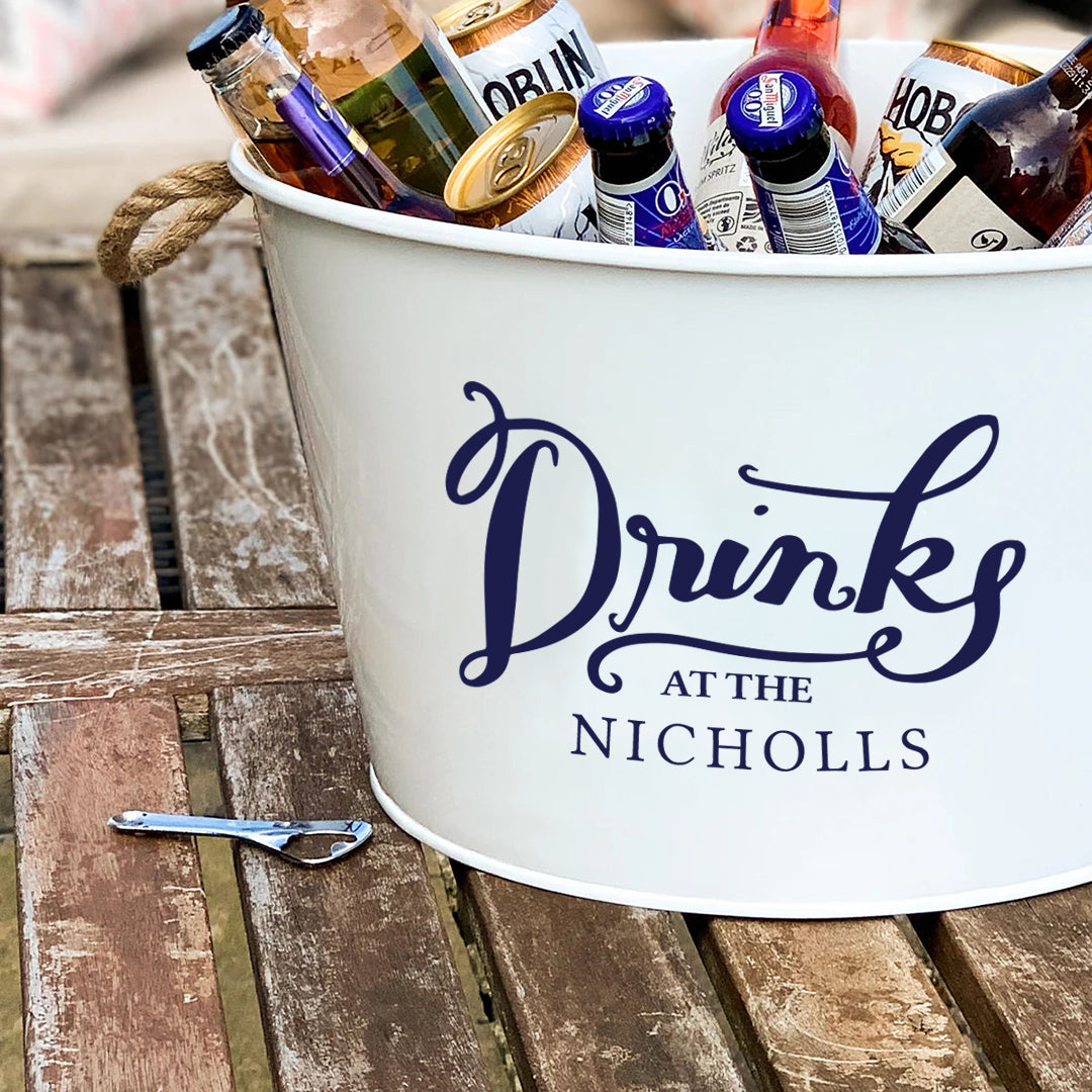 Personalised Beer Bucket White 'Drinks at the'