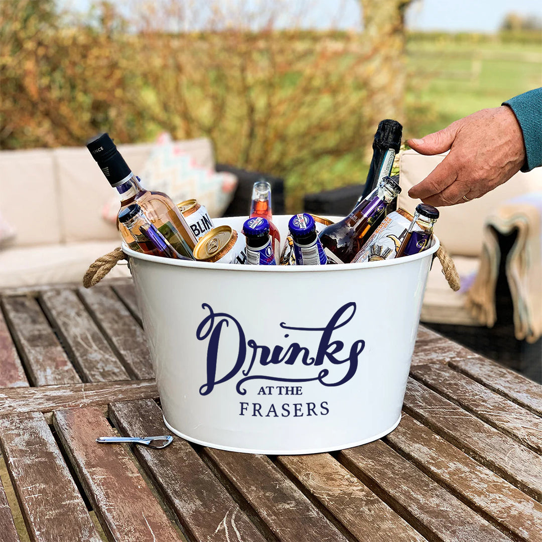 Personalised Beer Bucket White 'Drinks at the'