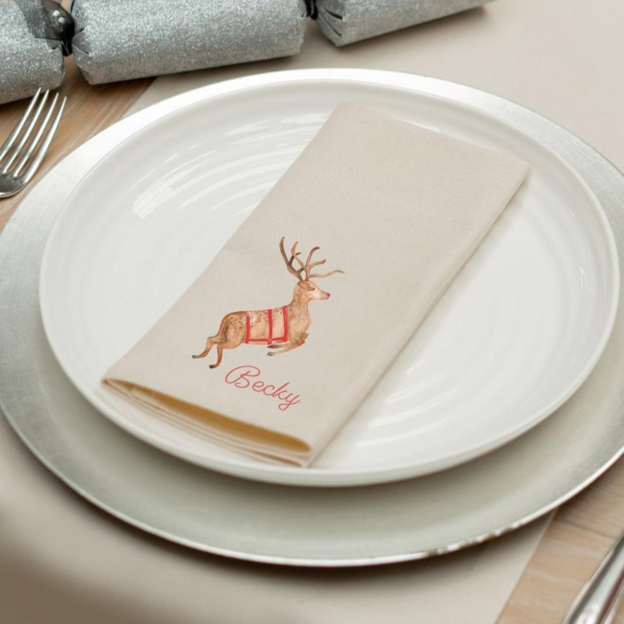 Personalised Reindeer Tableware Set, 4 Vintage Christmas Reindeer Napkins & Table Runner