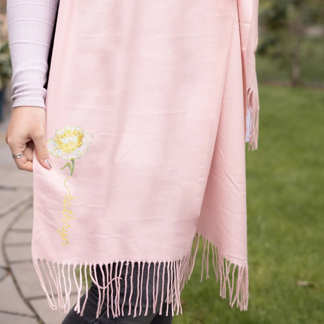Personalised Pink Pashmina Scarf Embroidered May Birth Flower