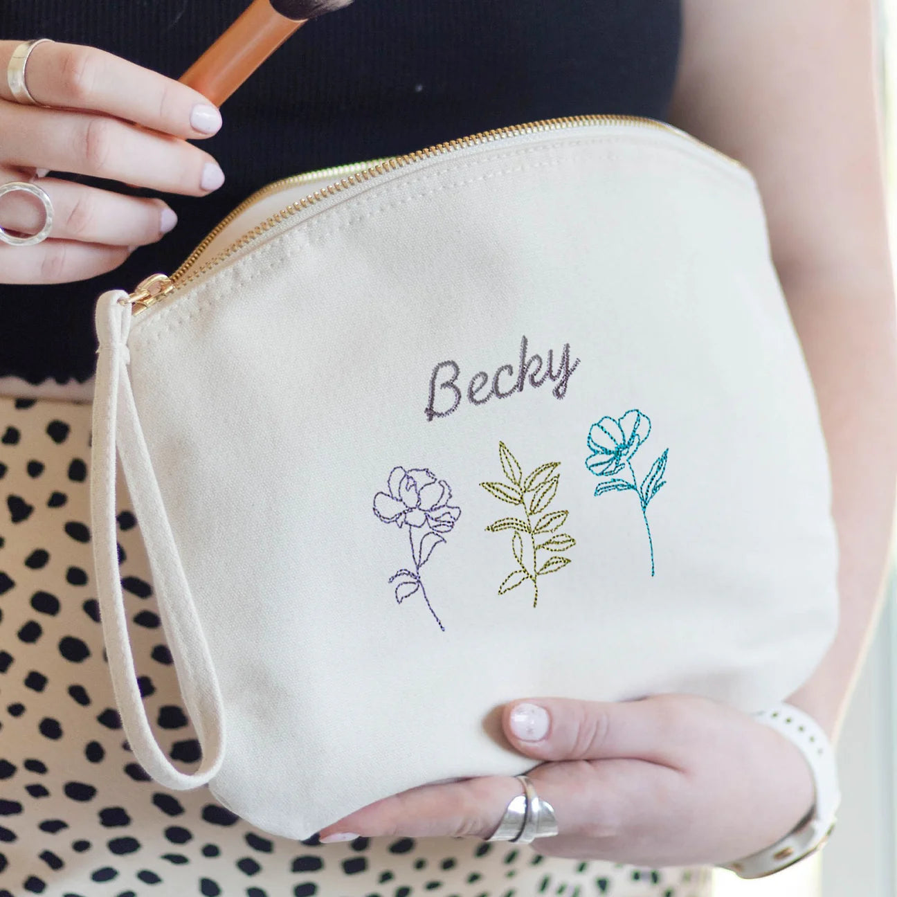 Personalised Embroidered Three Flowers Make up Bag