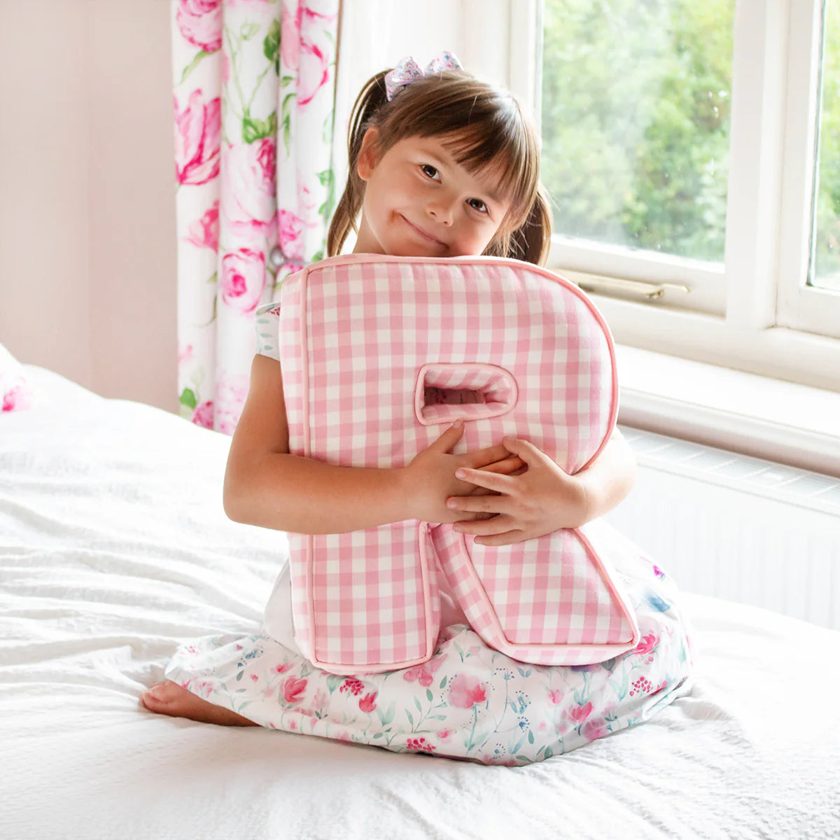 Personalised Letter Cushion 'C' in Blue Gingham