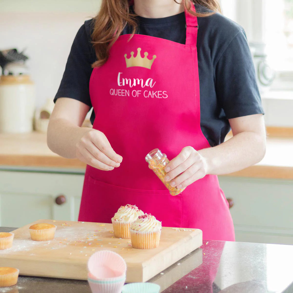 Personalised Queen of Cakes Apron in Hot Pink