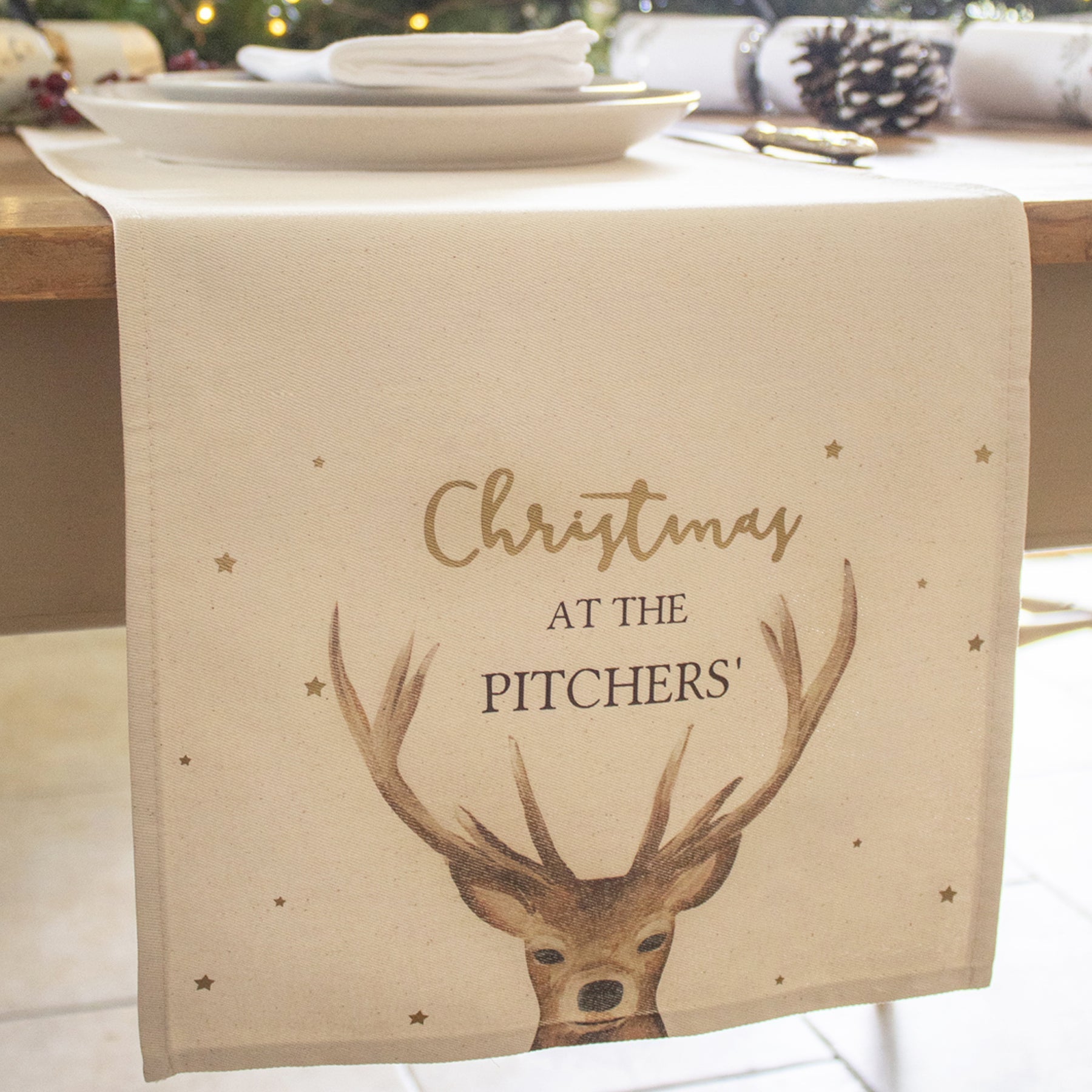 Personalised Natural Stag Christmas Table Runner