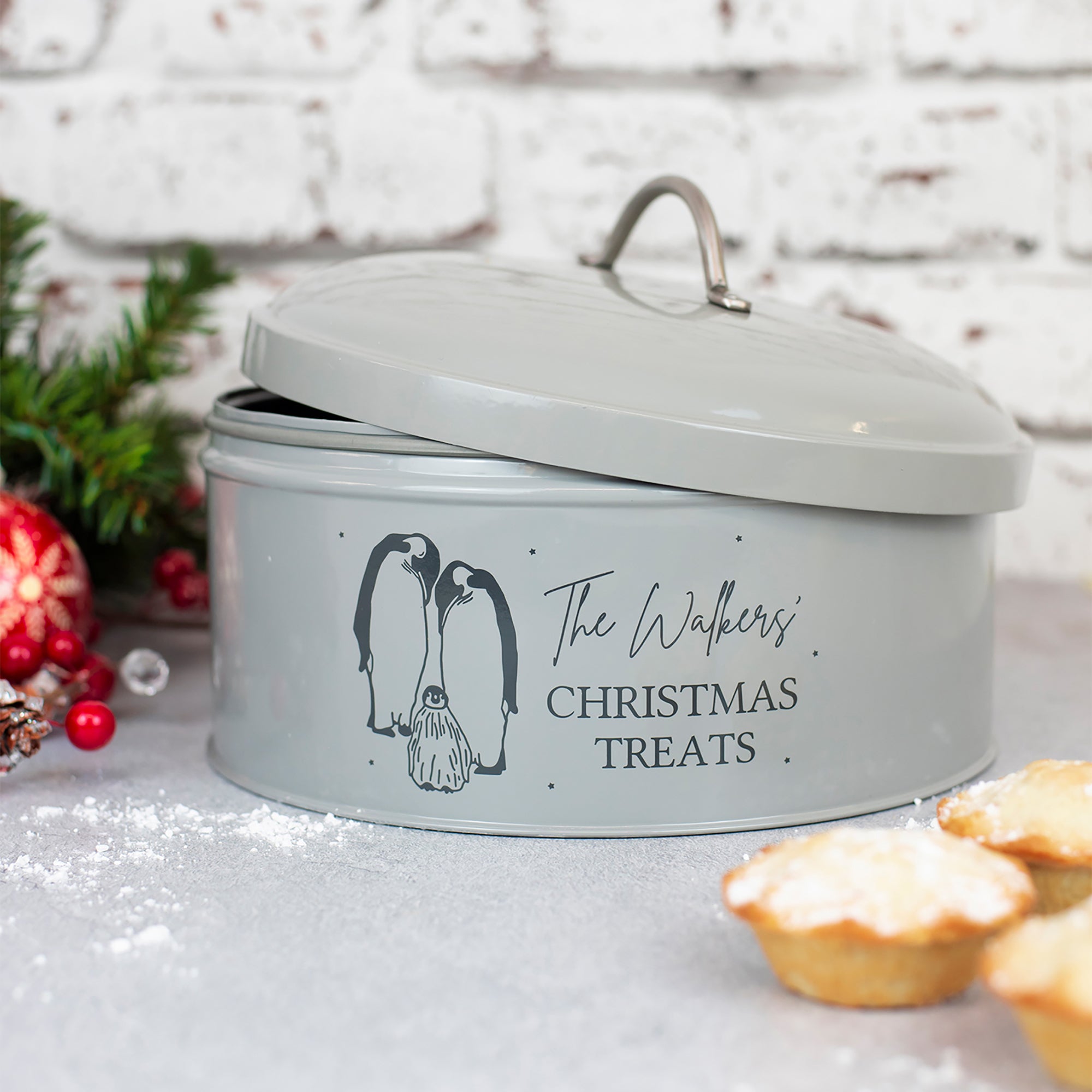 Personalised Christmas Penguin Family Grey Cake Tin