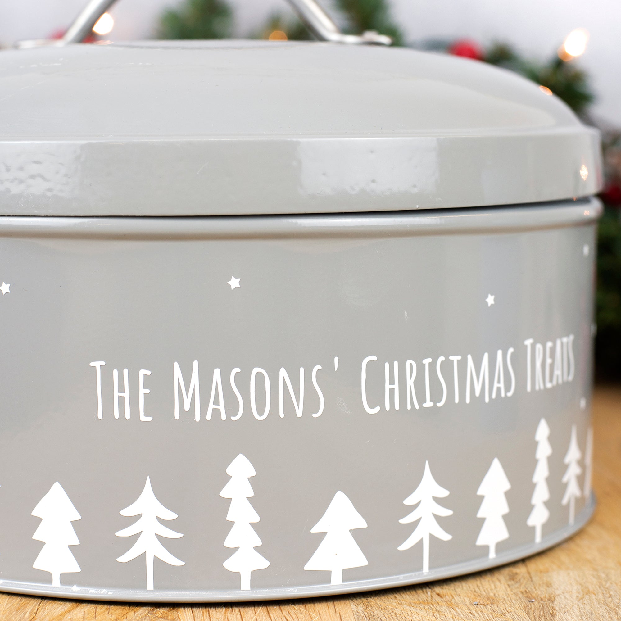 Personalised Christmas Woodland Grey Cake Tin