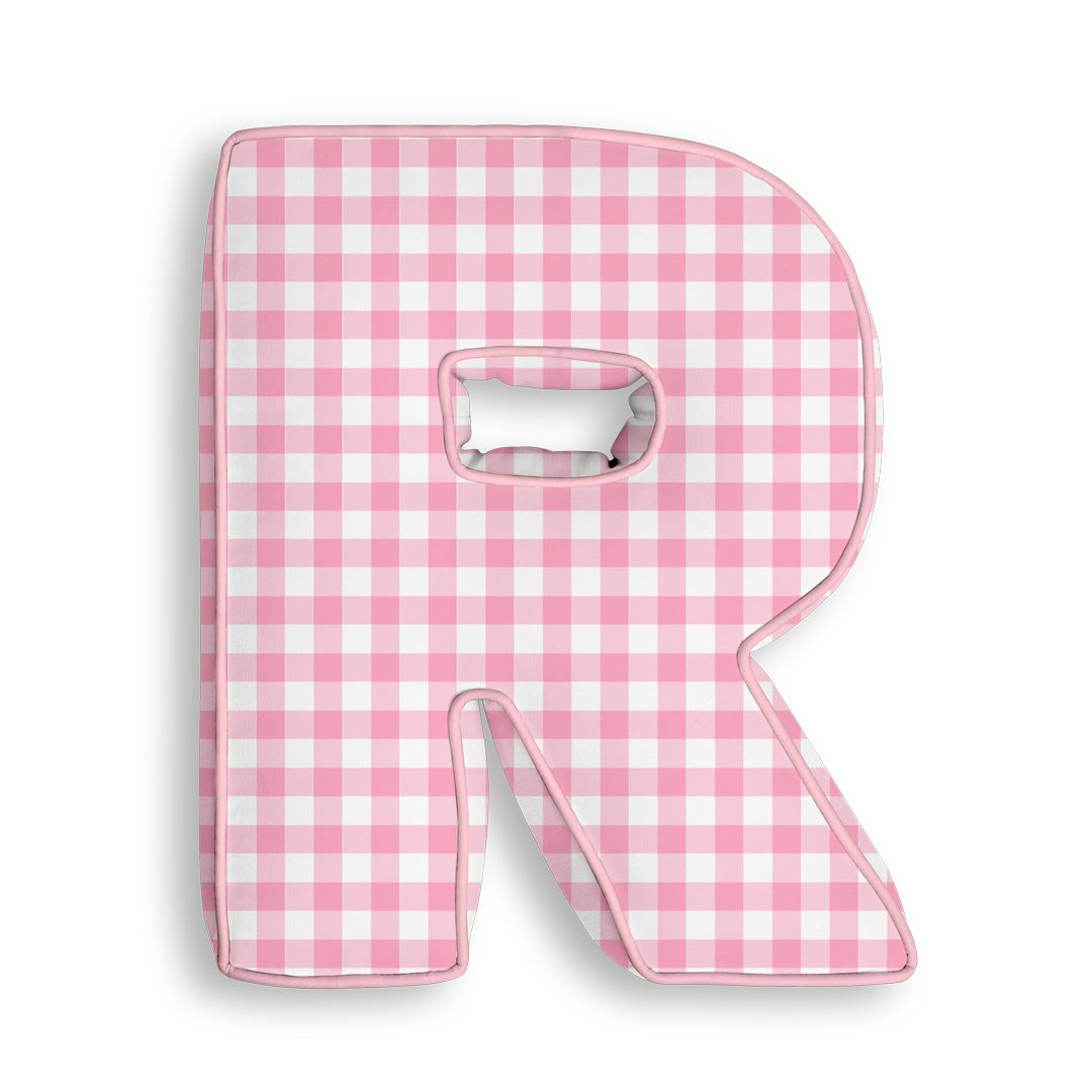 Personalised Letter Cushion 'R' in Pink Gingham