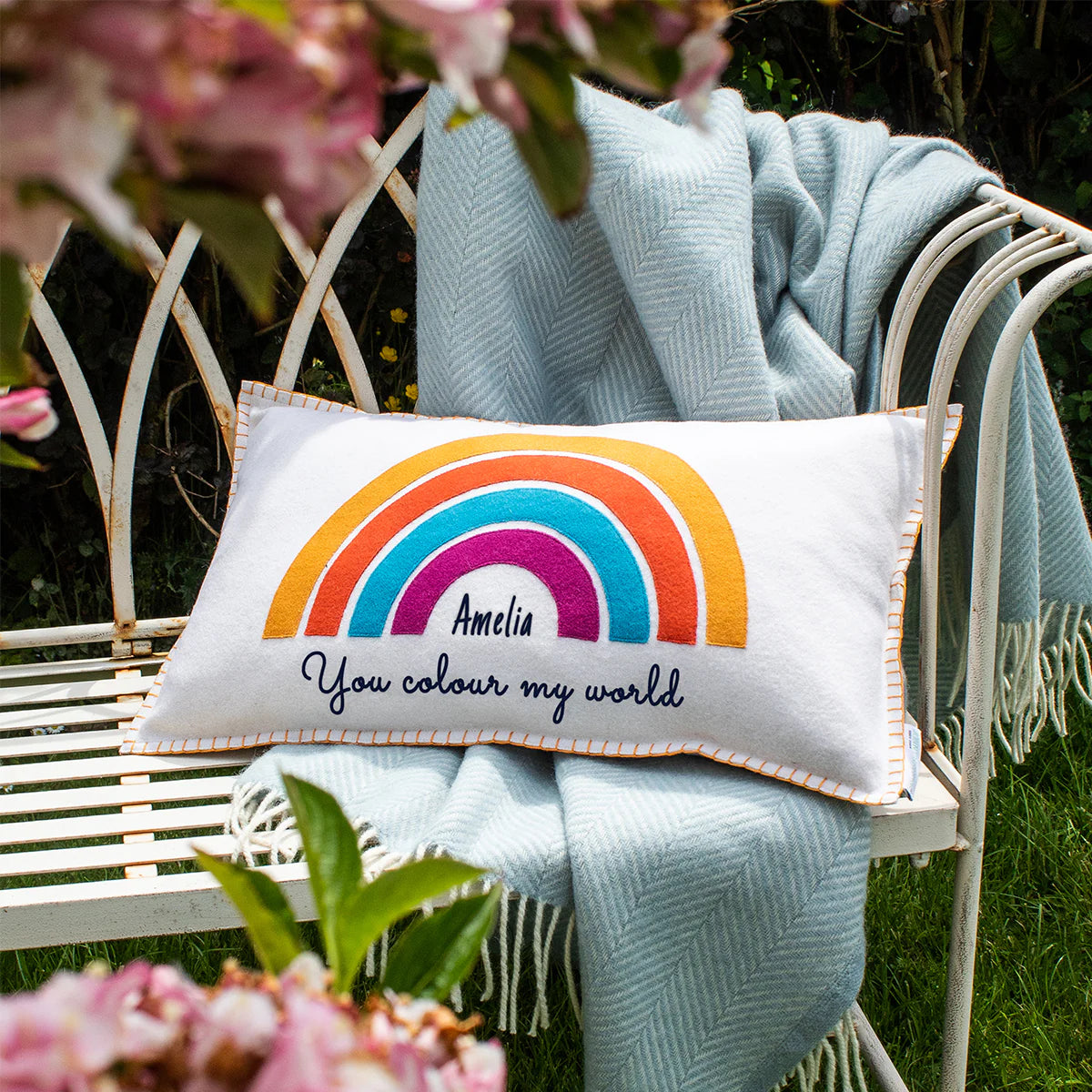 Personalised Hand Embroidered Felt Rainbow Cushion