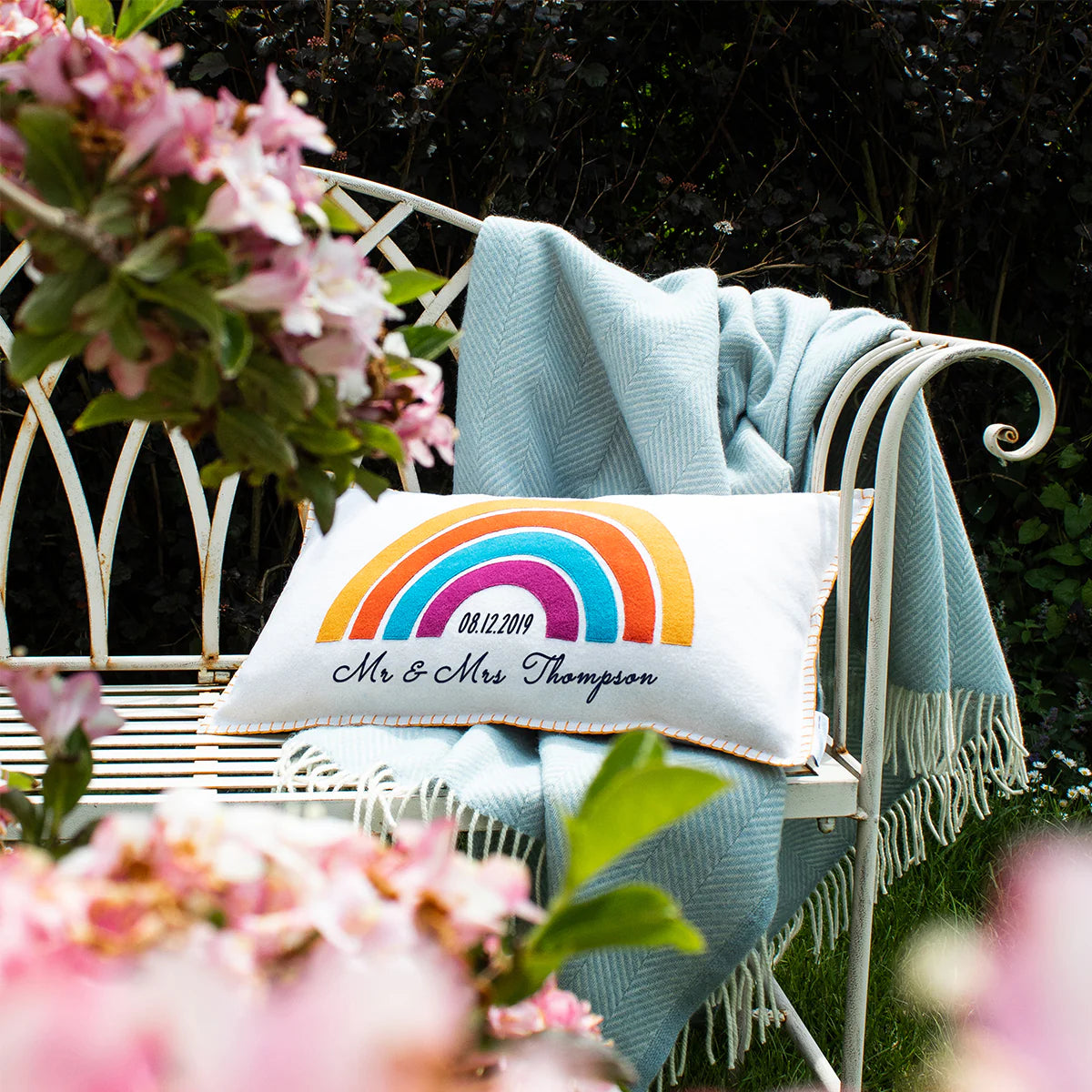 Personalised Hand Embroidered Felt Rainbow Cushion