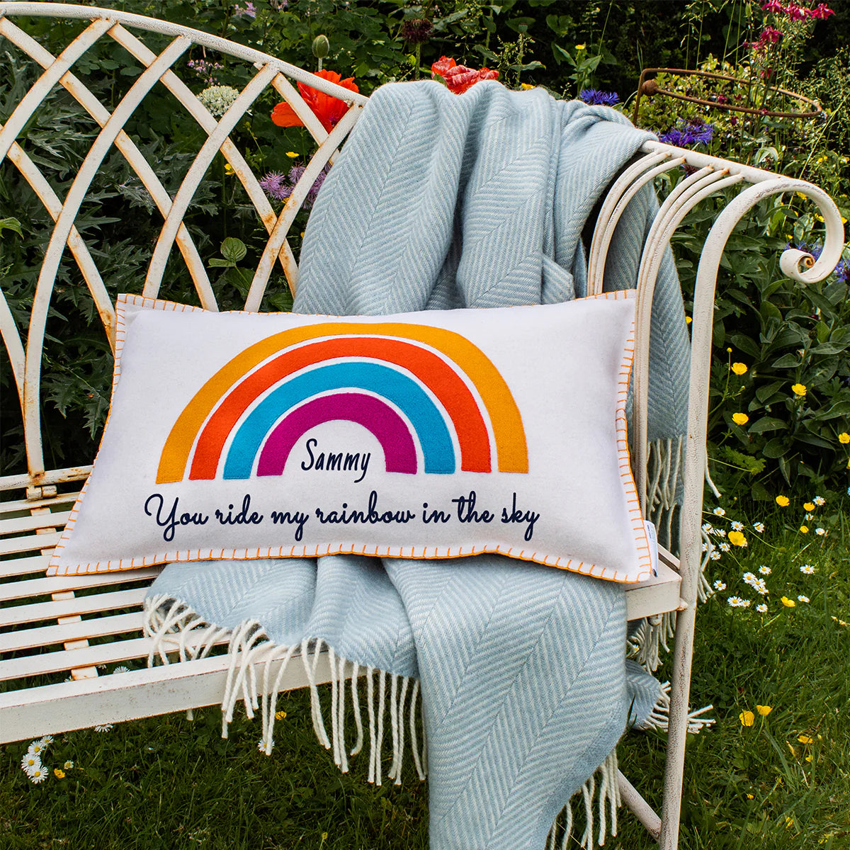 Personalised Hand Embroidered Felt Rainbow Cushion