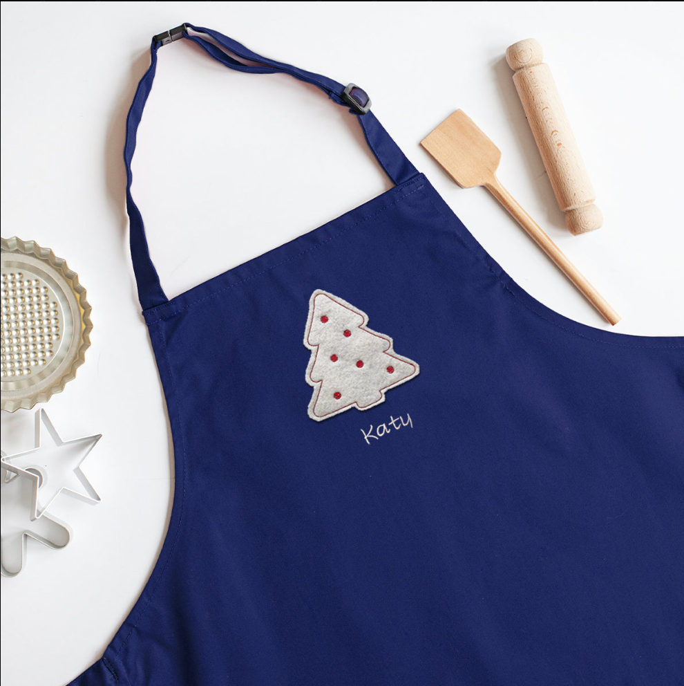 Personalised Embroidered Christmas Tree Child Apron 7-10 Years in Navy