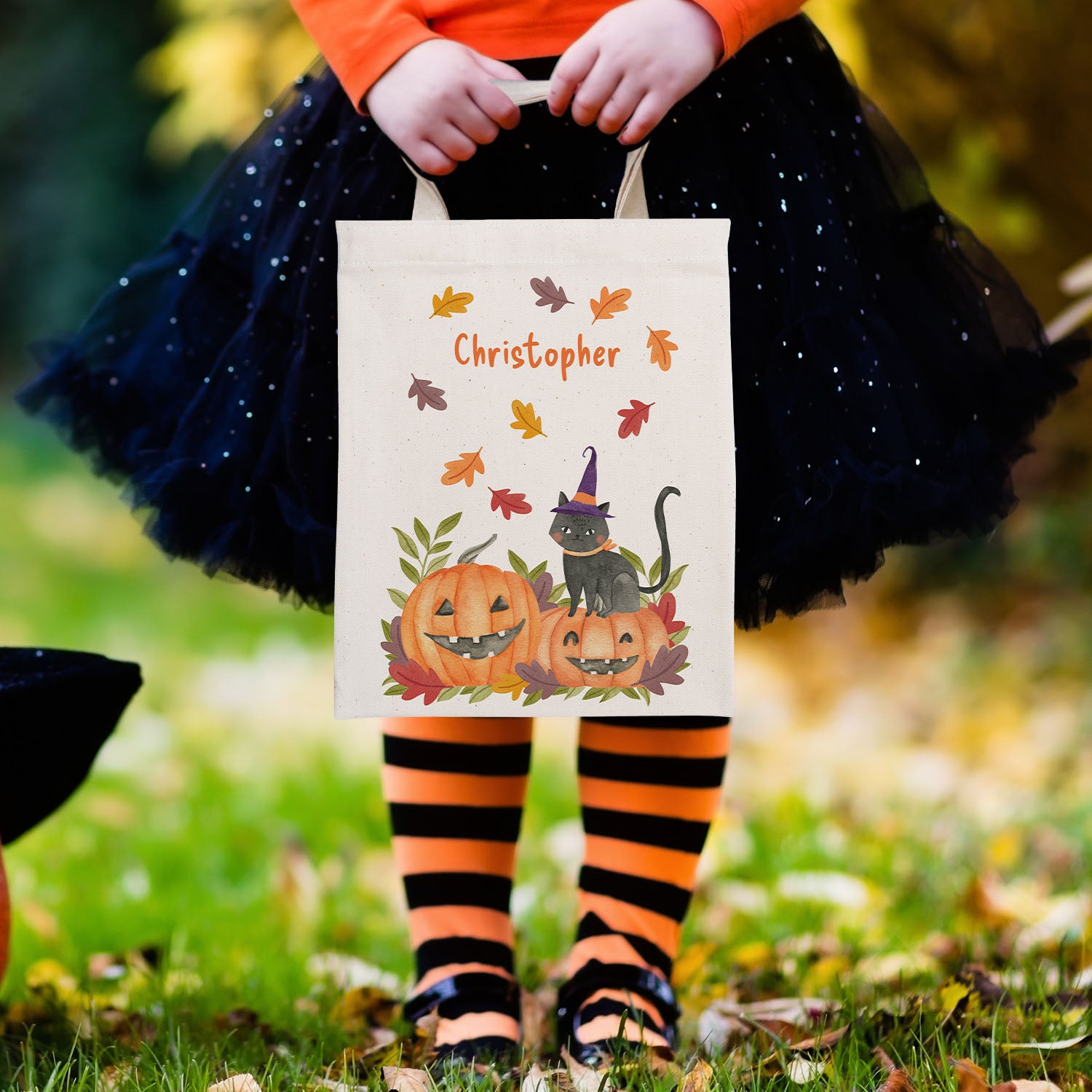 Personalised Halloween Black Cat Trick or Treat Tote Bag