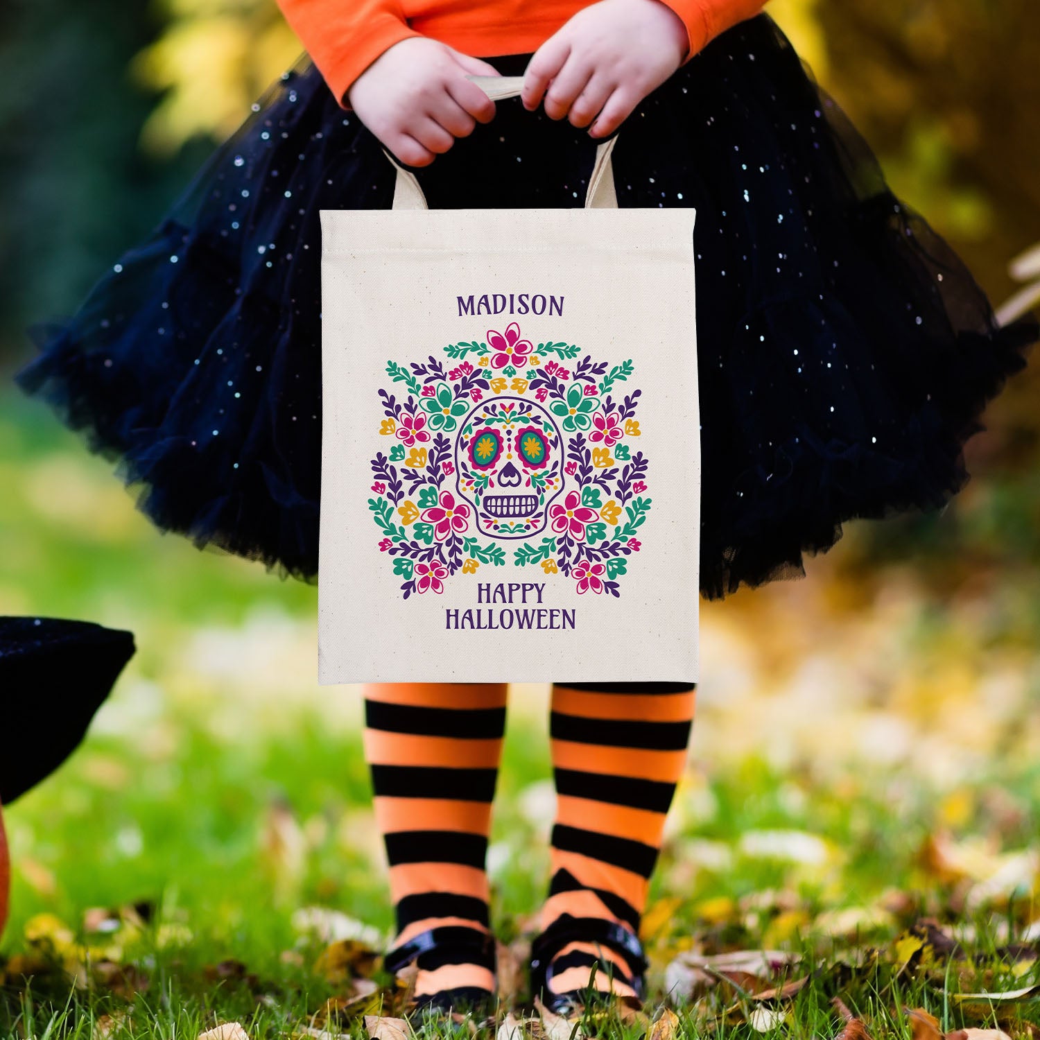 Personalised Halloween Trick or Treat Tote Bag with Sugar Skull