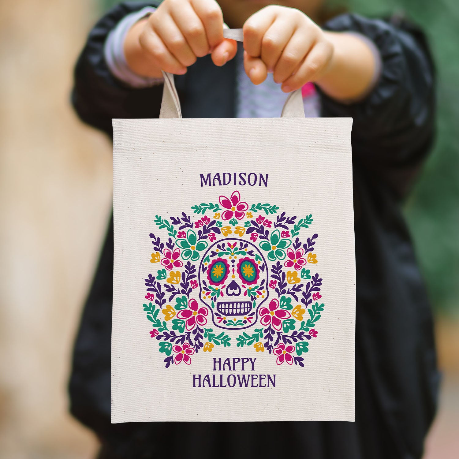 Personalised Halloween Trick or Treat Tote Bag with Sugar Skull