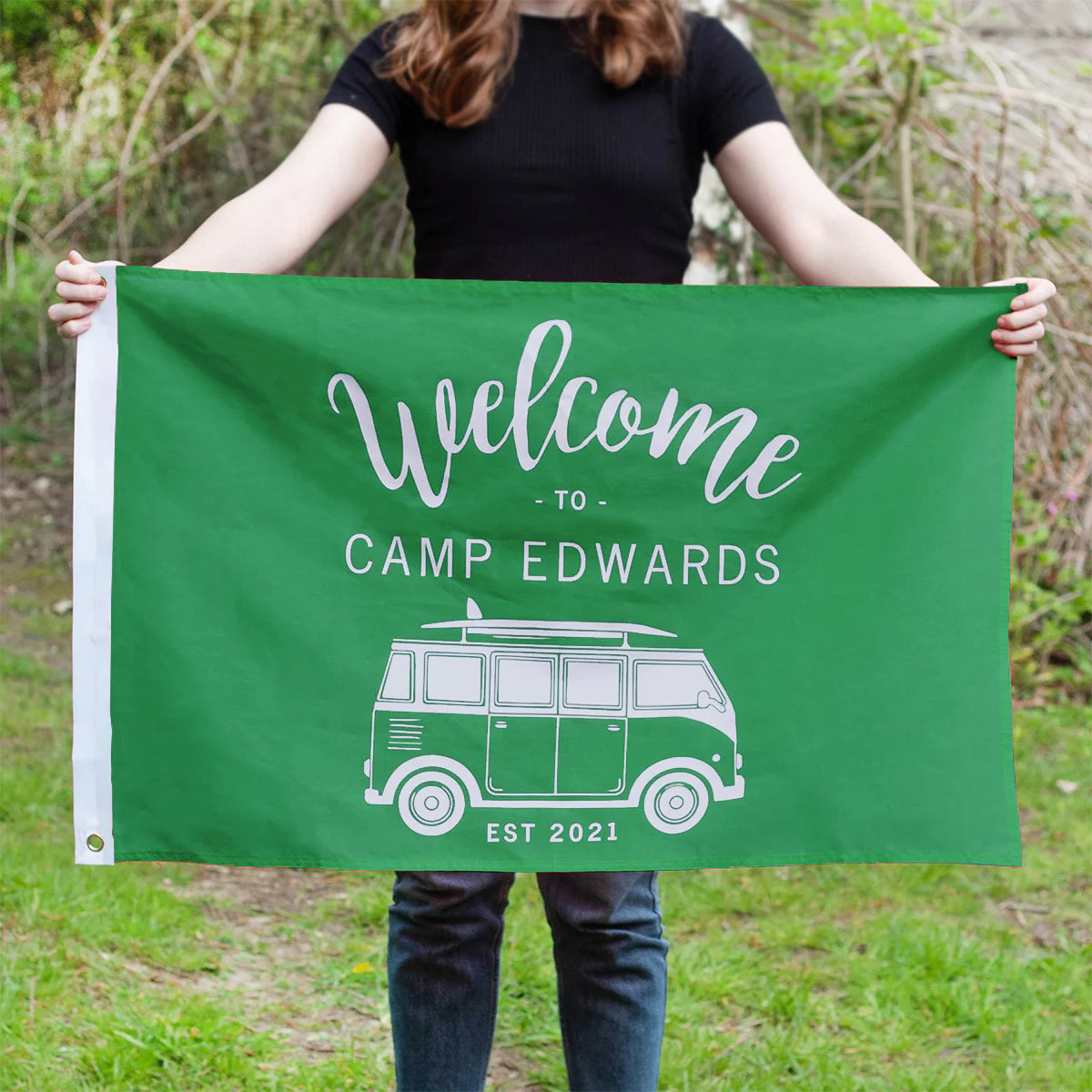 Personalised Camper Van Camping Flag in Green