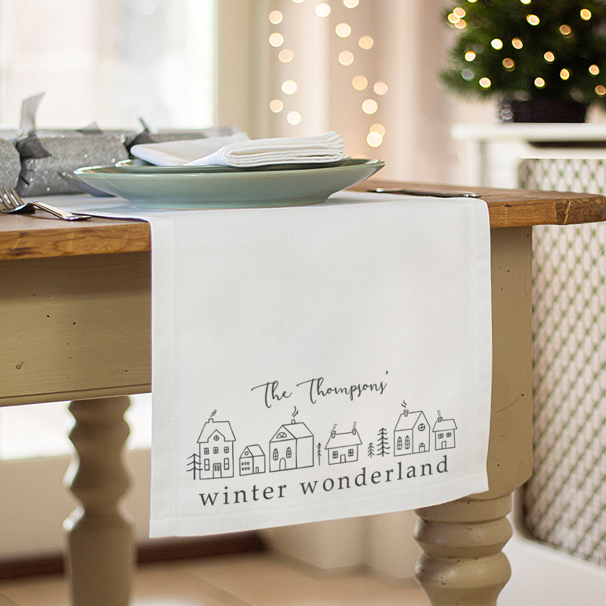 Personalised Christmas Wonderland White Table Runner