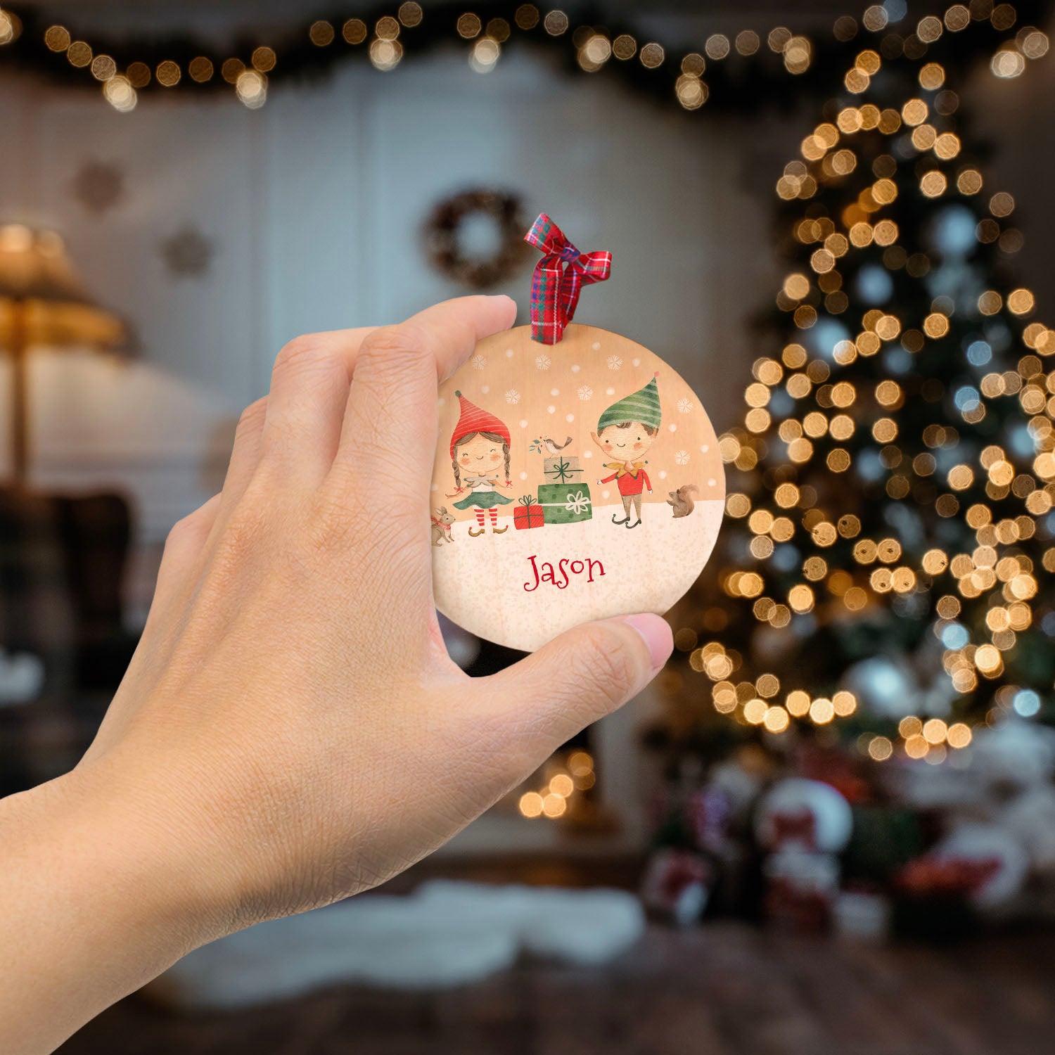 Personalised Elves Christmas Scene Tree Decoration