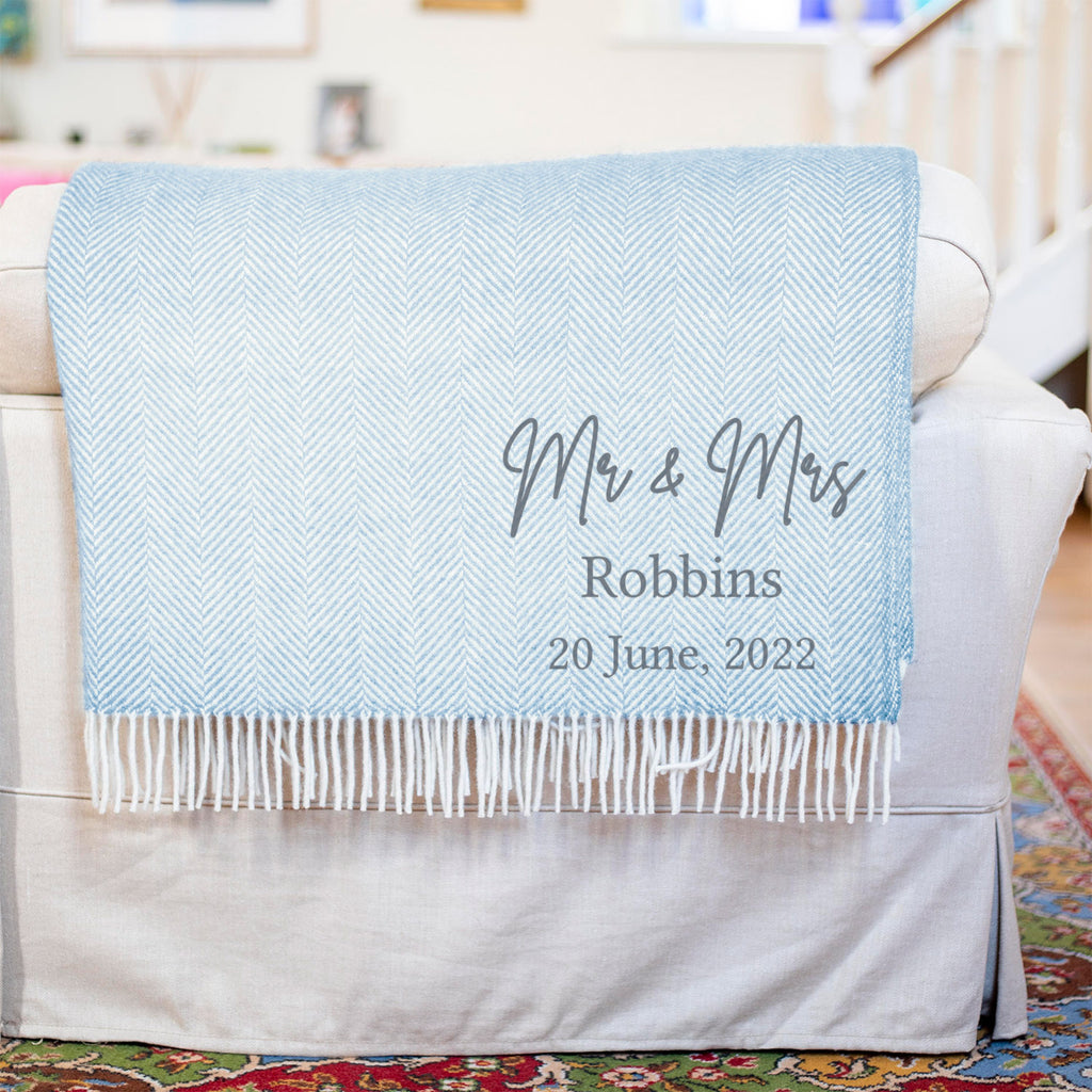 Personalised Couples Wool Blanket Duck Egg