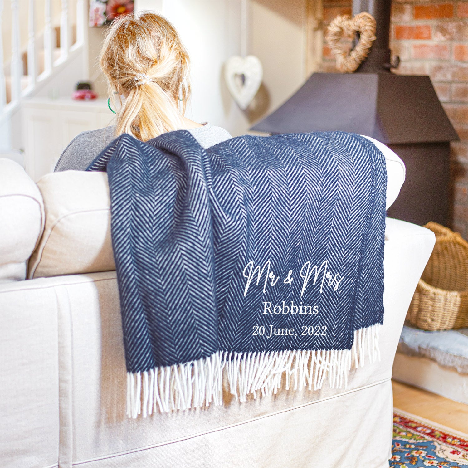 Personalised Couple's Wool Blanket in Navy