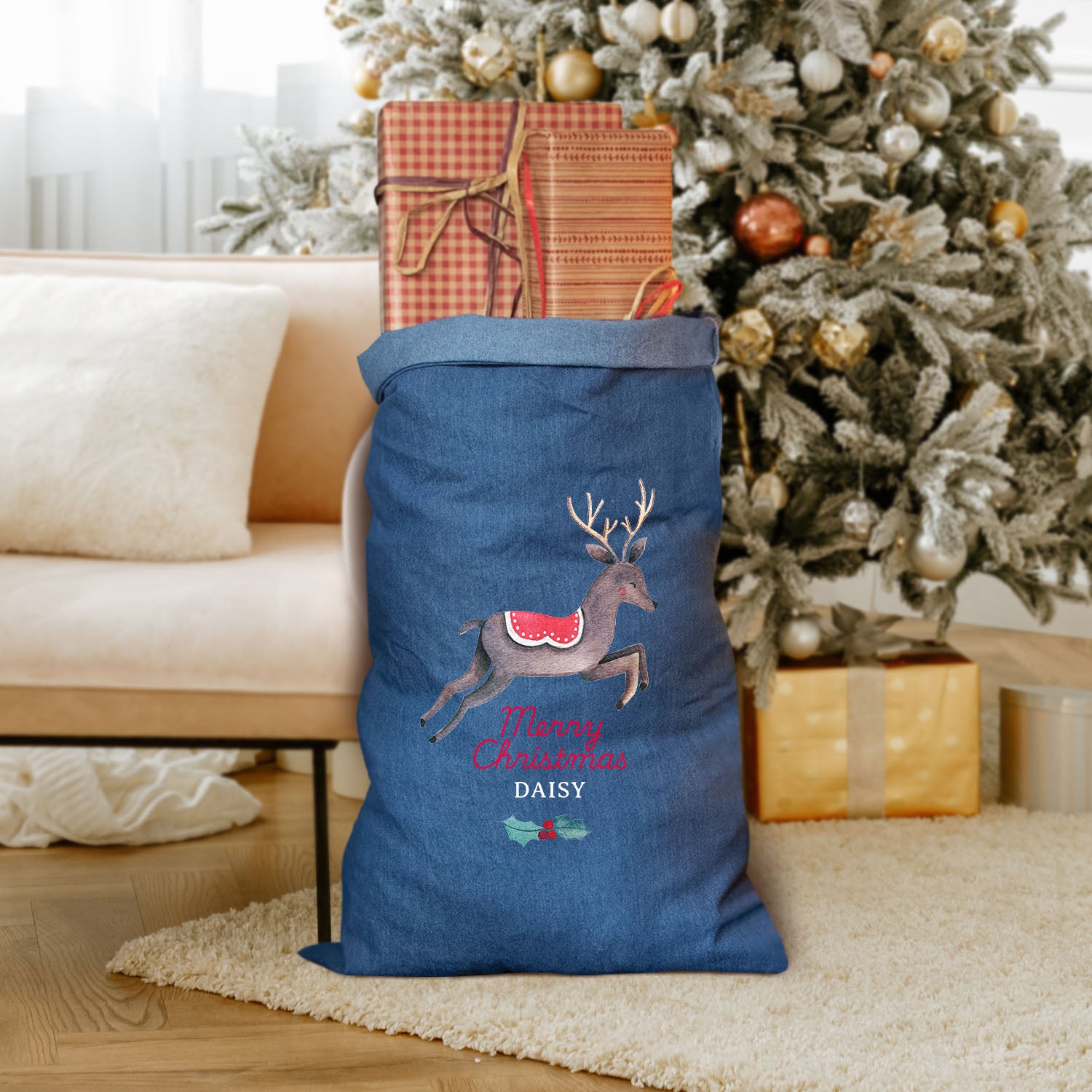 Personalised Denim Christmas Sack with Reindeer