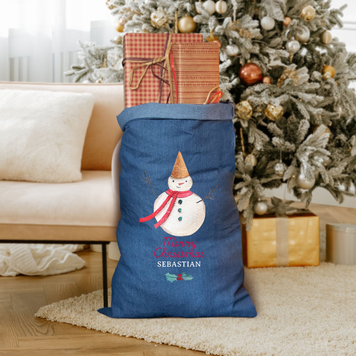 Personalised Denim Christmas Sack with Snowman