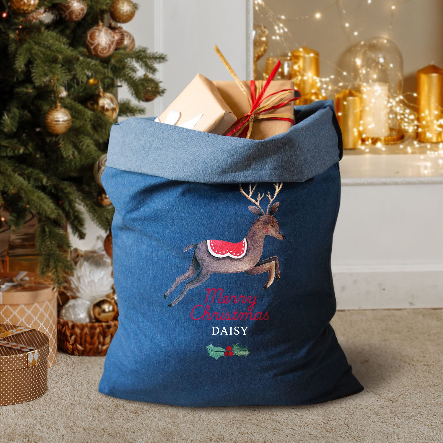 Personalised Denim Christmas Sack with Reindeer