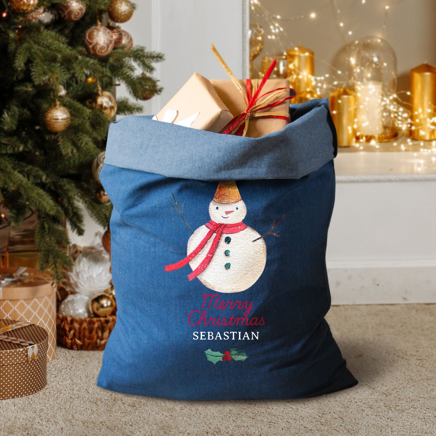 Personalised Denim Christmas Sack with Snowman