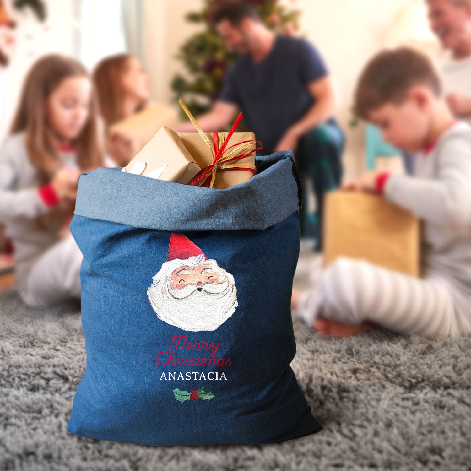 Personalised Denim Christmas Sack with Santa