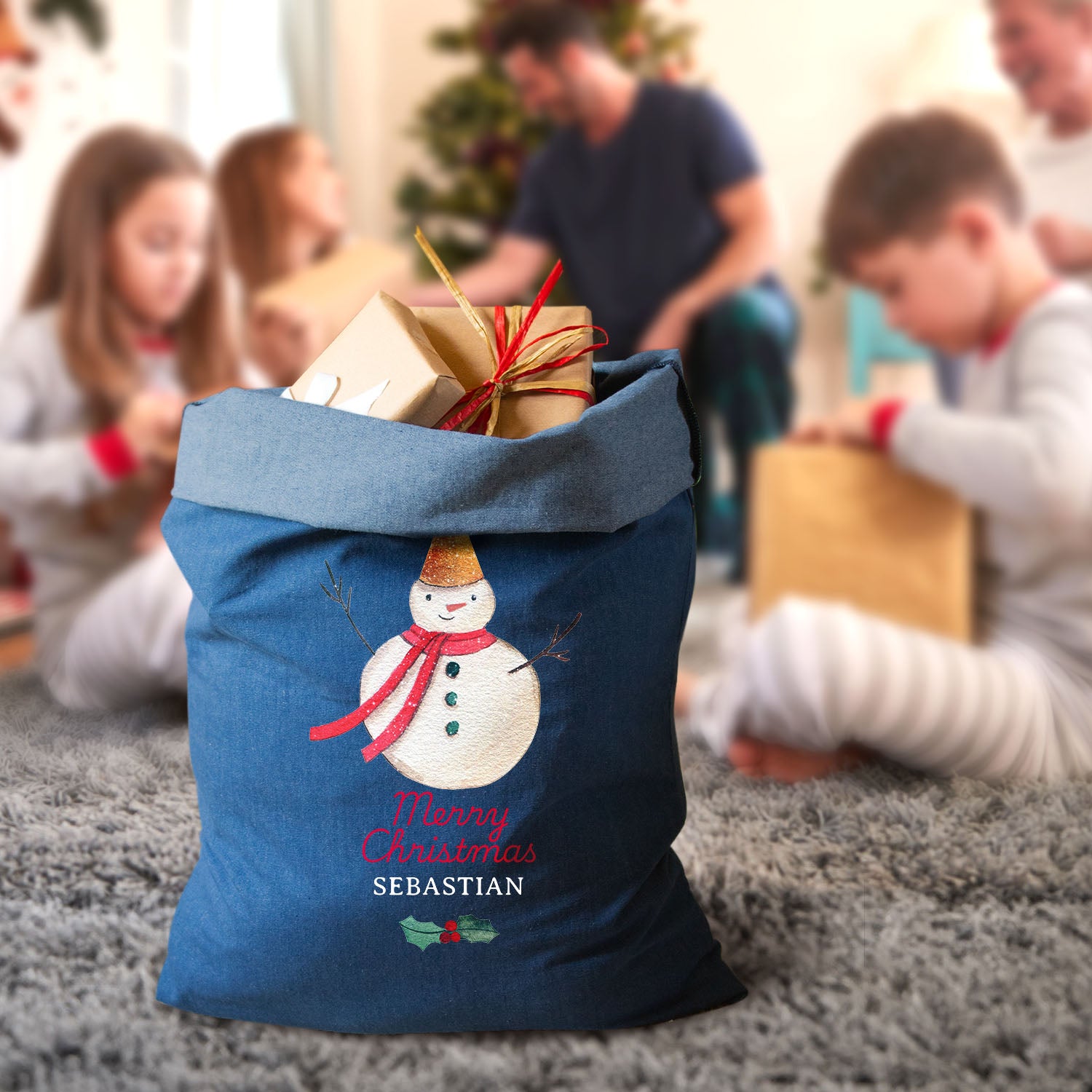 Personalised Denim Christmas Sack with Snowman