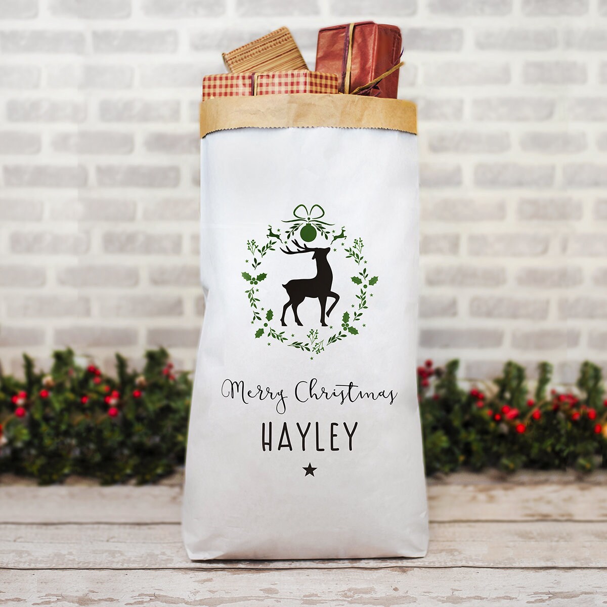 Personalised Stag Wreath Paper Christmas Sack