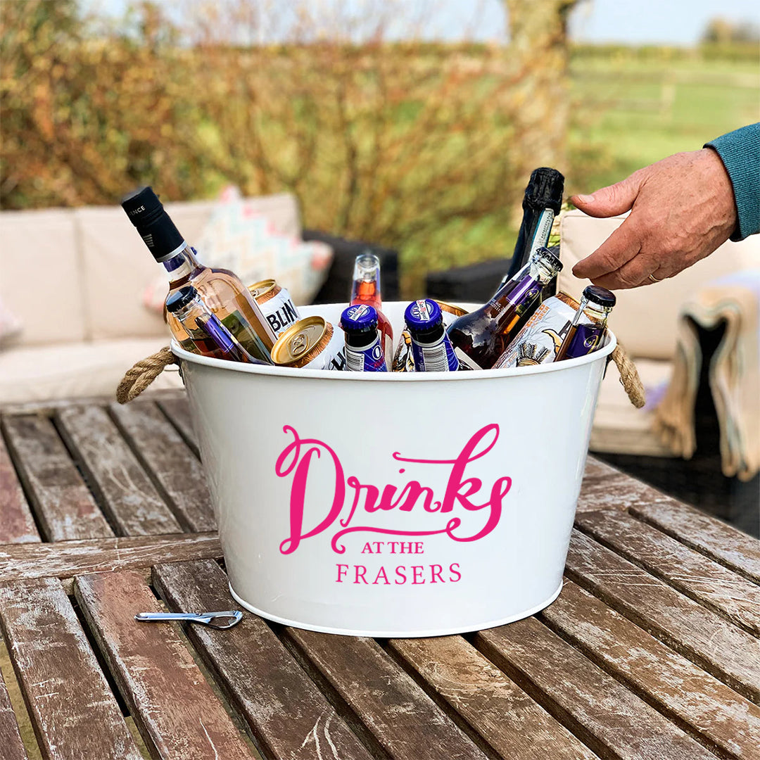 Personalised Beer Bucket White 'Drinks at the'