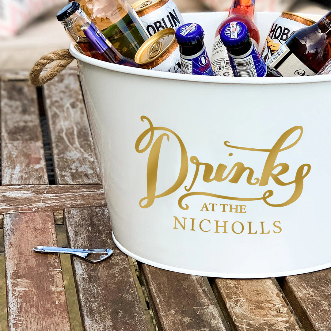 Personalised Beer Bucket White 'Drinks at the'