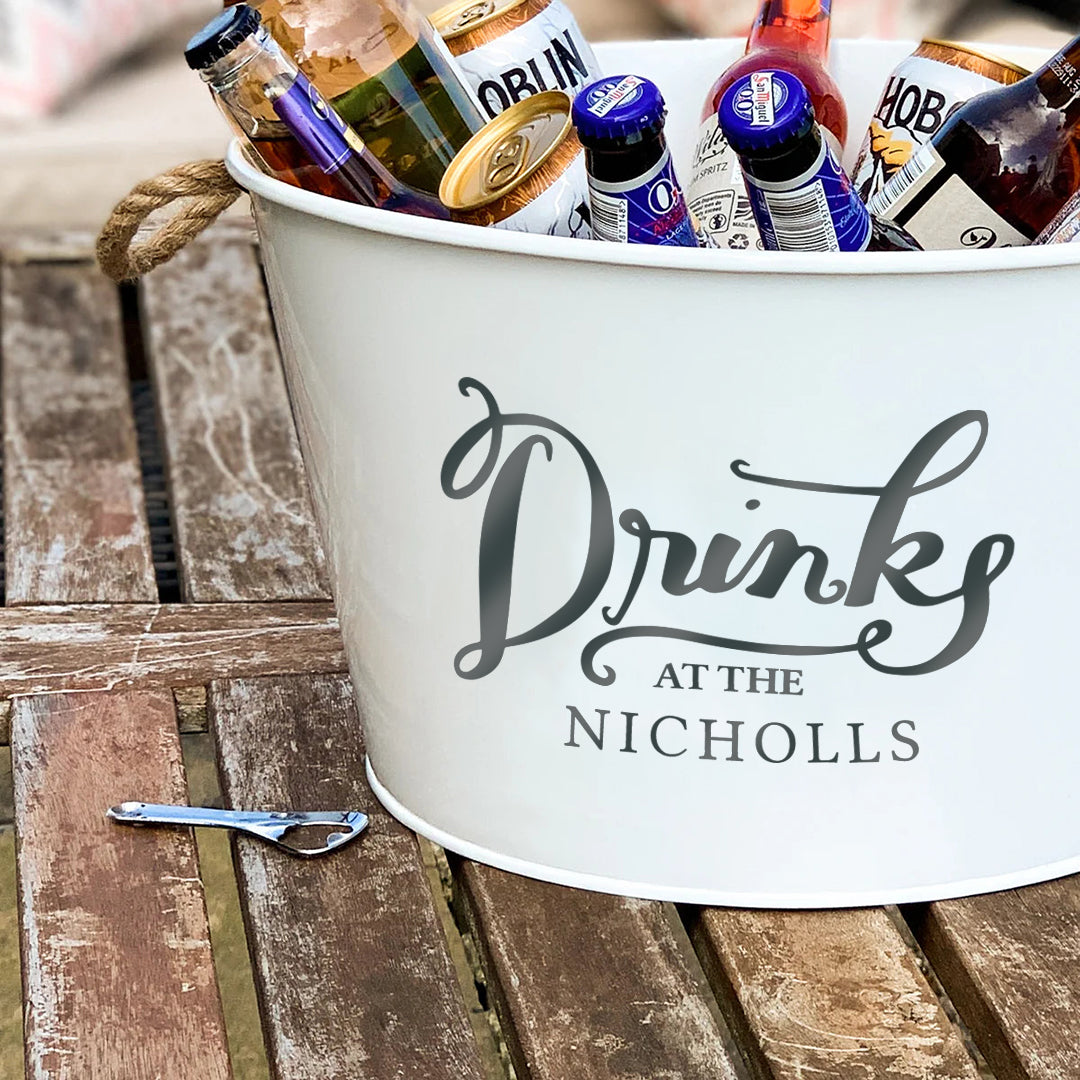 Personalised Beer Bucket White 'Drinks at the'